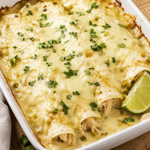 White chicken enchiladas with creamy green chile sauce and cilantro