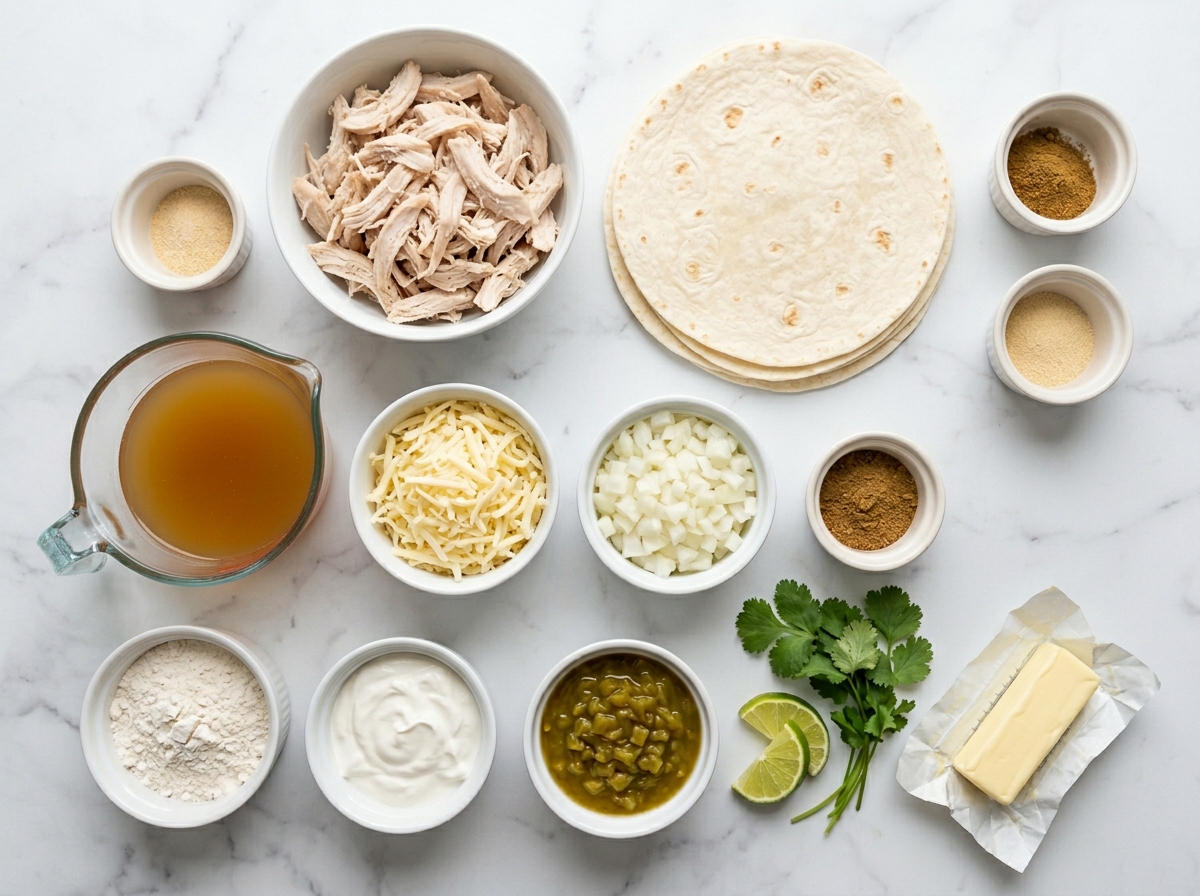 Ingredients for white chicken enchiladas with tortillas cheese and green chiles