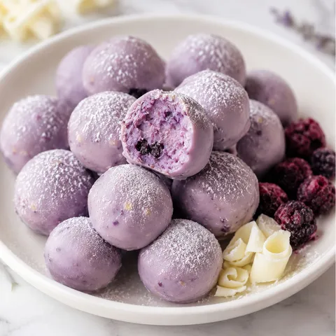 White chocolate blueberry truffles dusted with powdered sugar in a bowl