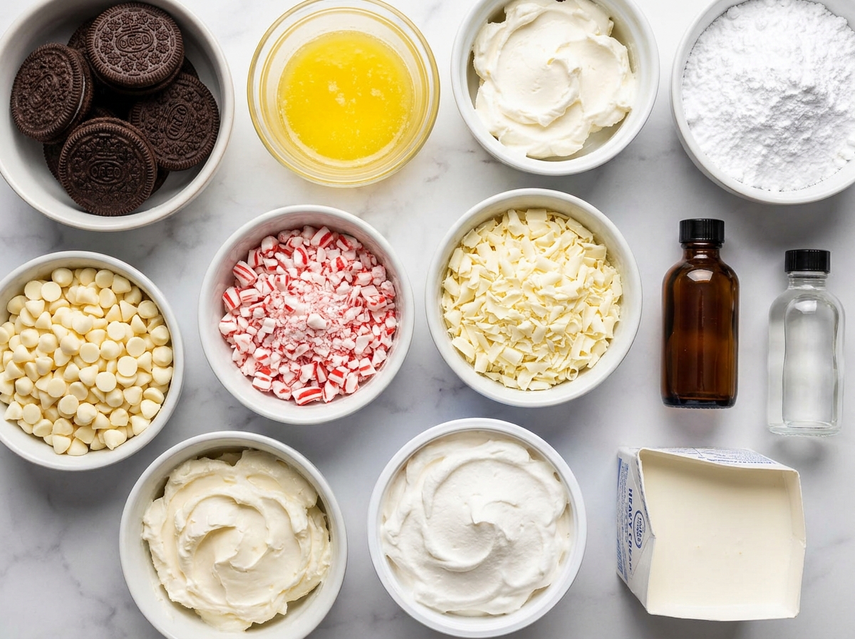 Ingredients for white chocolate peppermint pie on a marble counter