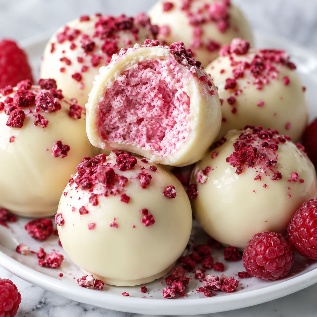 White chocolate raspberry cheesecake balls with a pink creamy center