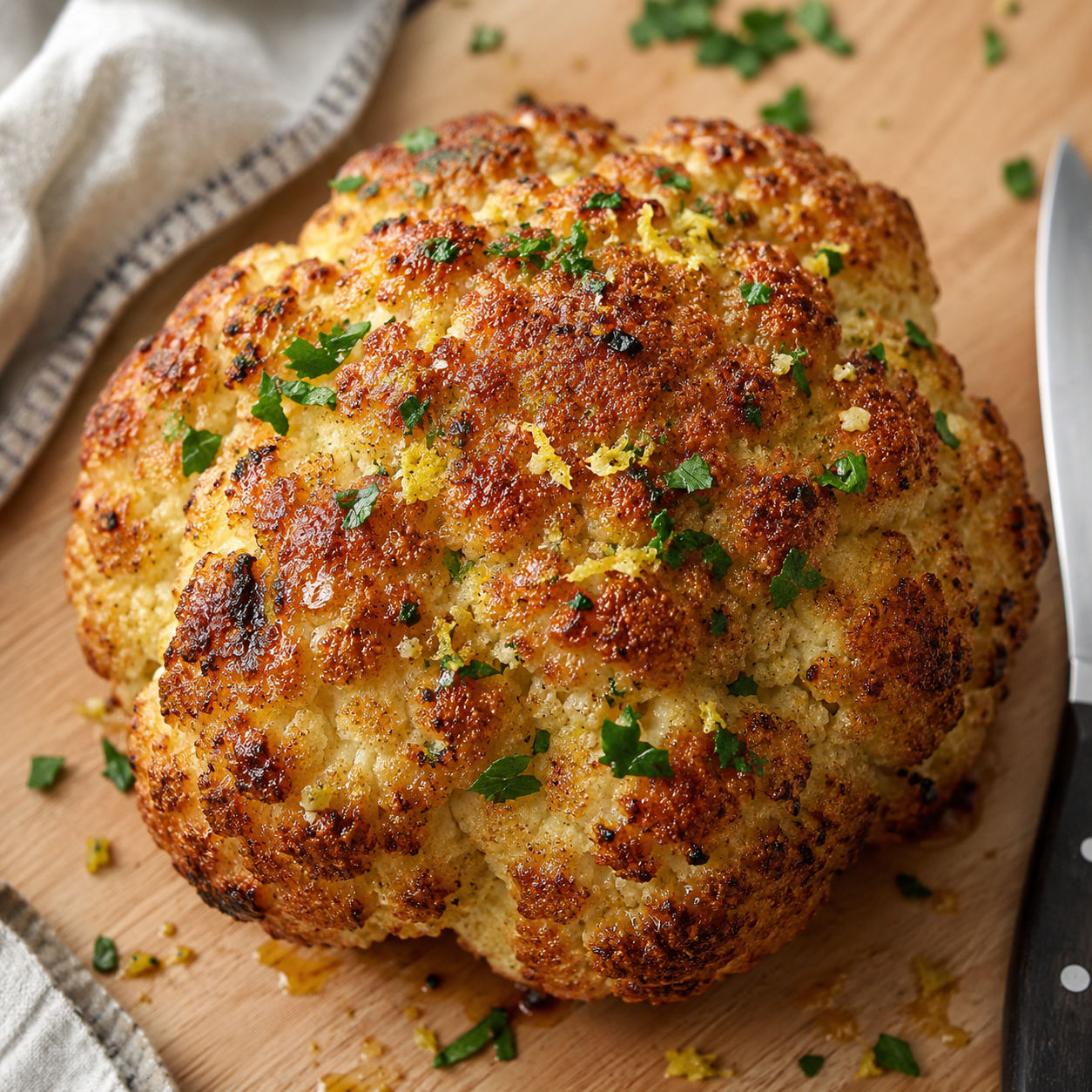 Whole roasted cauliflower head glistening with garlic butter and parsley