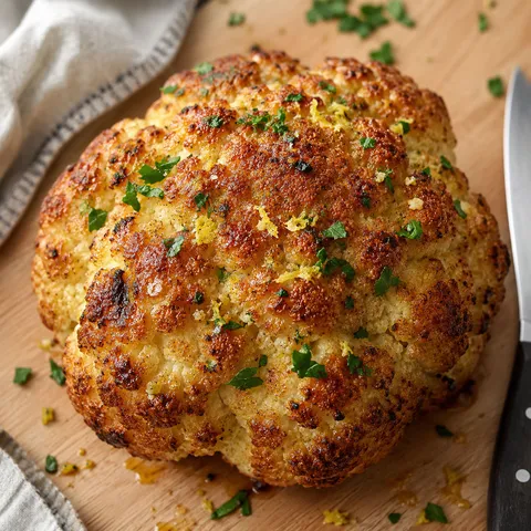 Whole roasted cauliflower head glistening with garlic butter and parsley