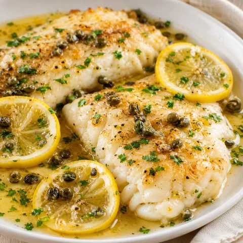 Lemon butter fish fillets with parsley, capers, and lemon slices