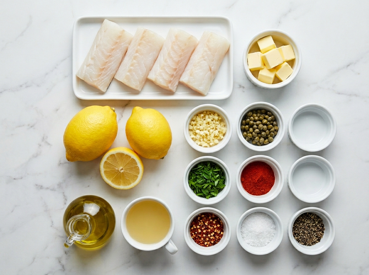 Raw fish fillets, lemon, butter, garlic, parsley, and capers
