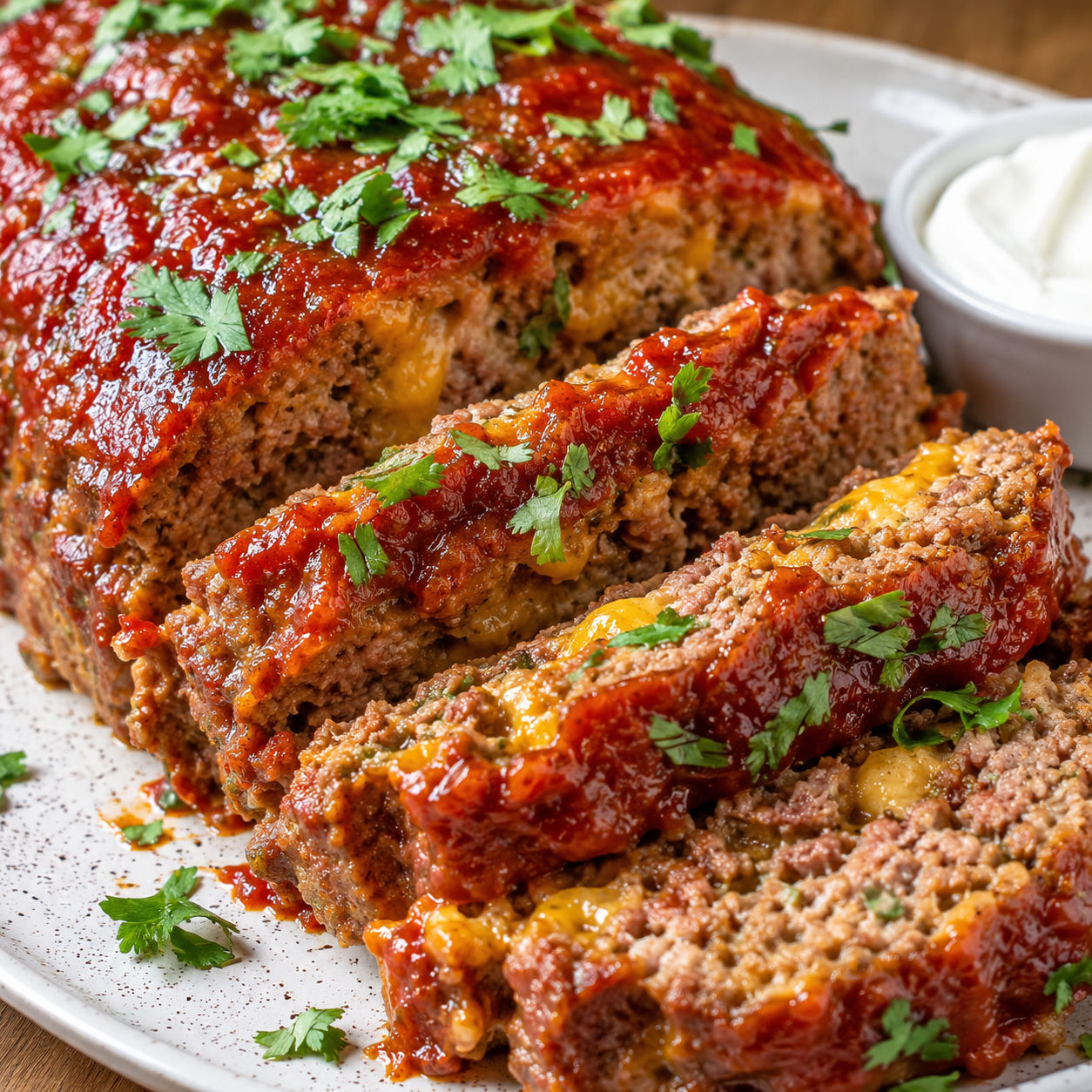 Sliced zesty Mexican taco meatloaf with melted cheese and salsa glaze