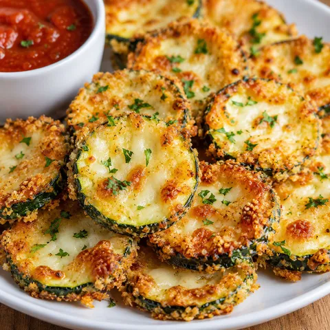 Golden zucchini cheese crisps with parsley and marinara