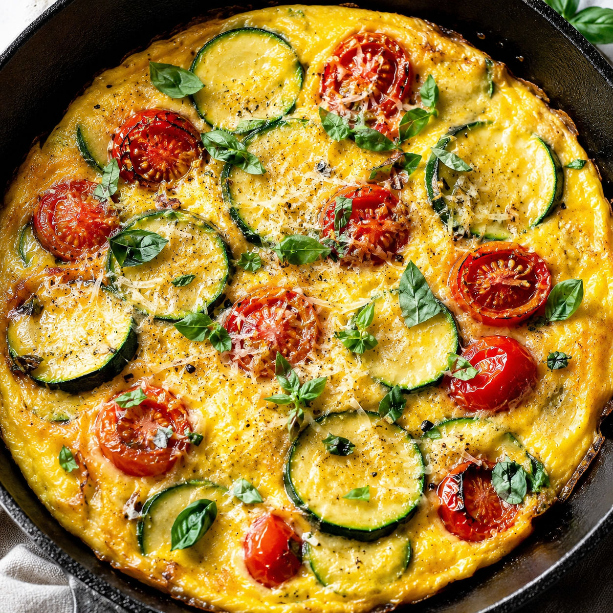 Zucchini and tomato frittata with basil and Parmesan in a skillet