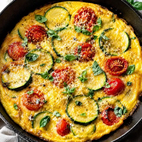 Zucchini and tomato frittata with basil and Parmesan in a skillet