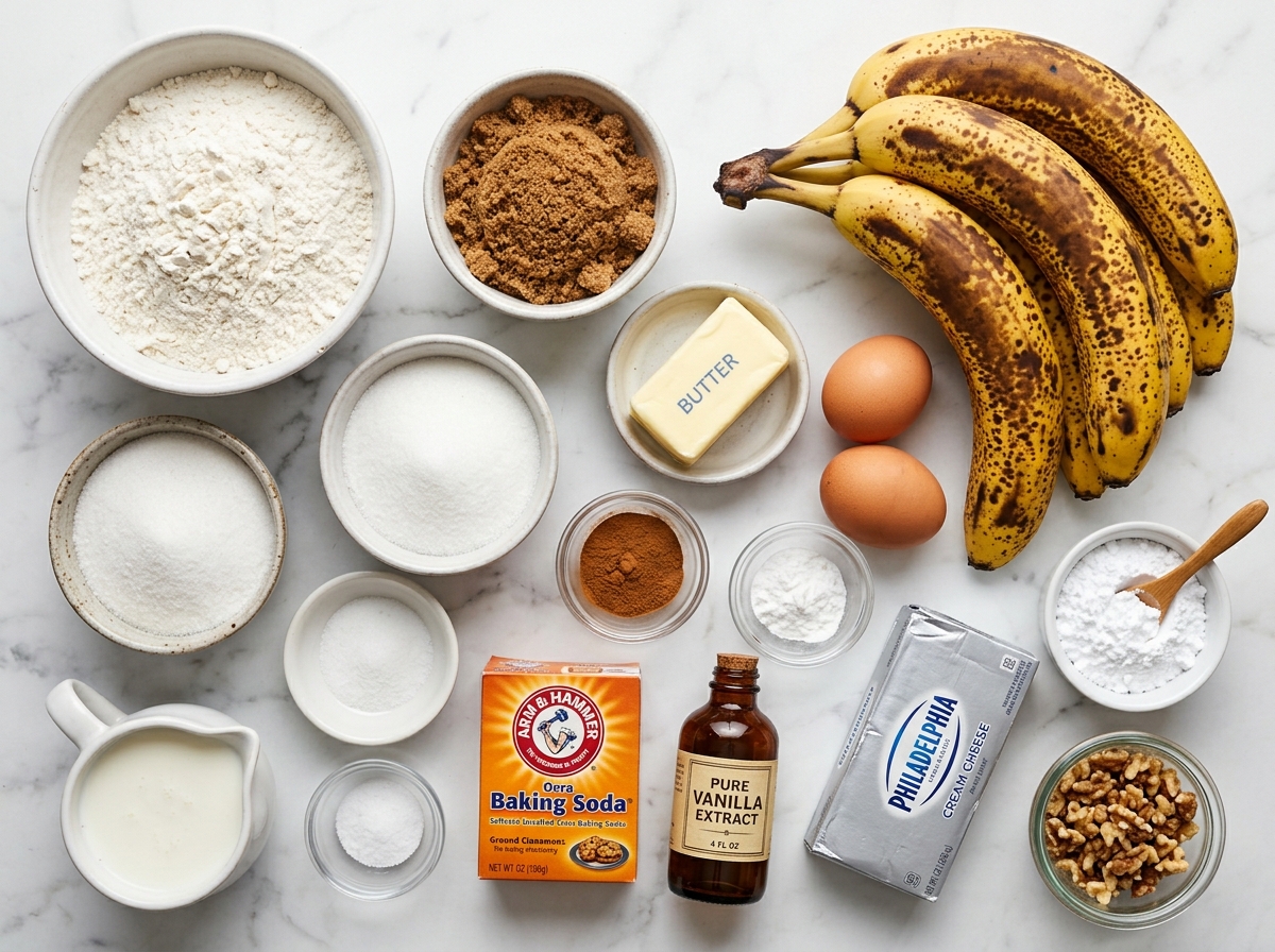 Ingredients for banana cake with cream cheese frosting on a wooden table