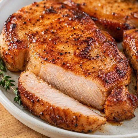 Oven-baked brown sugar pork chops with a caramelized spice crust on a ceramic plate