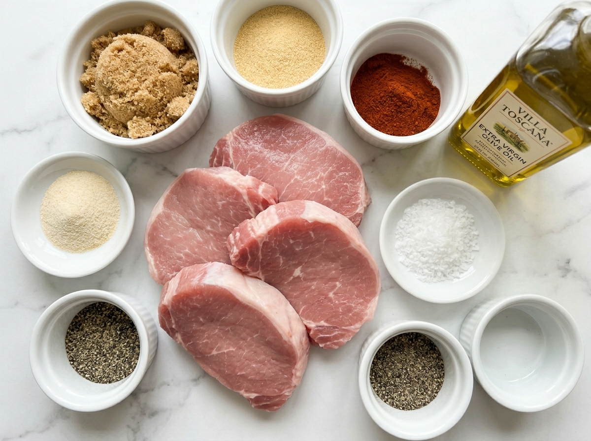 Raw boneless pork chops and spices for brown sugar pork chops on a wooden board