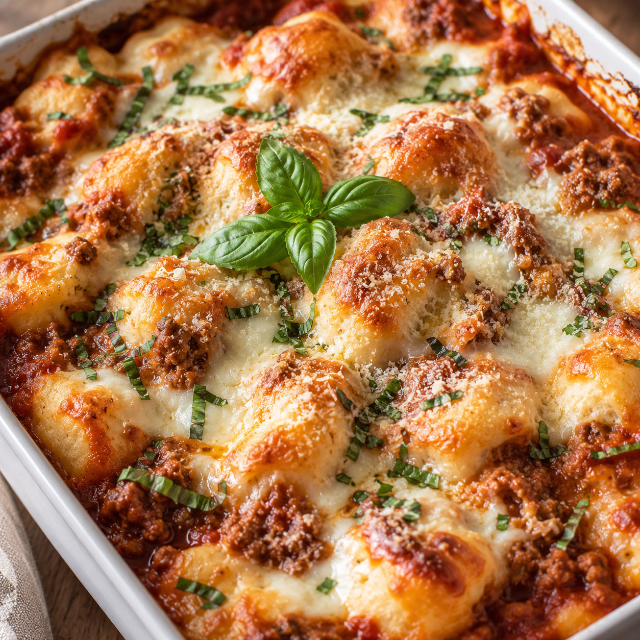 Bubble up lasagna with golden biscuits and melted cheese in a white casserole dish
