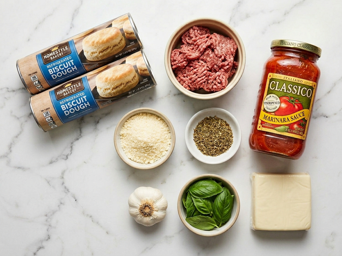 Raw ingredients for bubble up lasagna including biscuit dough and marinara