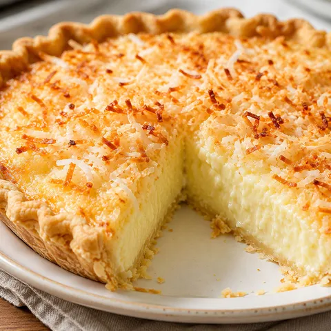 Baked coconut custard pie with toasted coconut flakes and golden crust