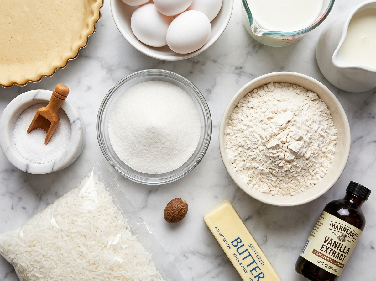 Raw ingredients for coconut custard pie on a wooden surface