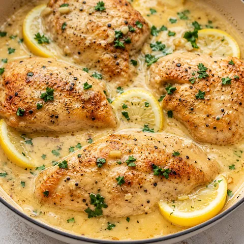 Creamy lemon garlic chicken with parsley and lemon slices in a skillet