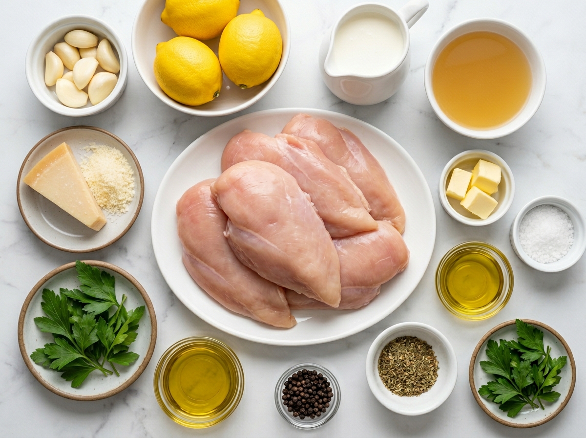 Ingredients for creamy lemon garlic chicken on a light counter