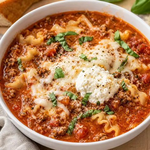 Lasagna soup with ricotta, mozzarella, beef, noodles, and basil