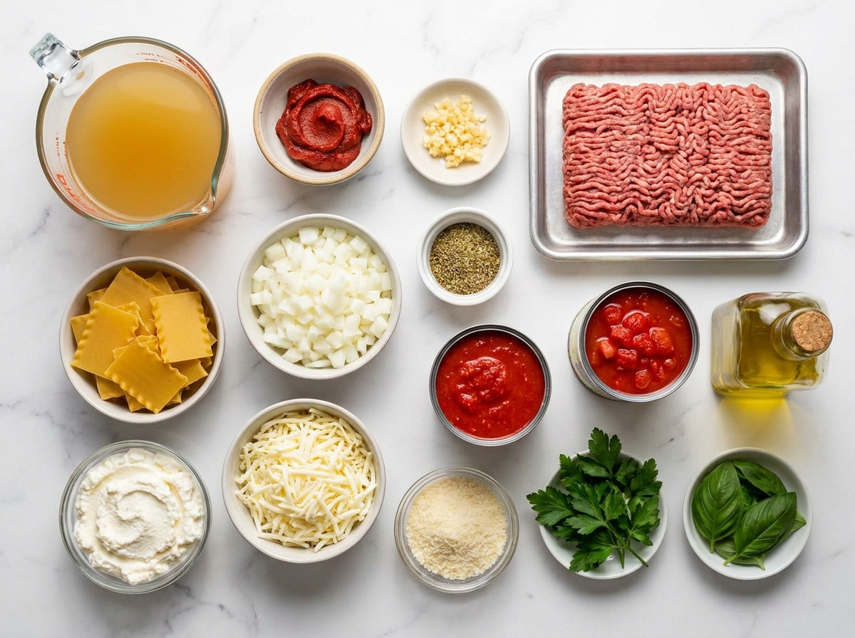 Ingredients for lasagna soup with beef, noodles, tomatoes, and cheeses