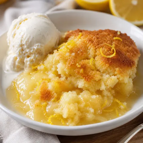 Warm magic lemon cobbler with golden topping and vanilla ice cream