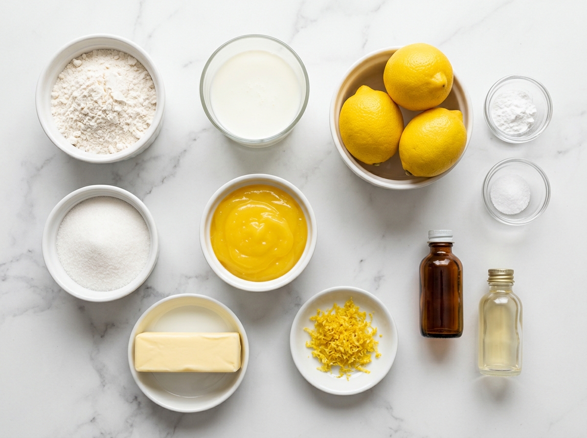 Ingredients for magic lemon cobbler with lemons, buttermilk, butter and flour