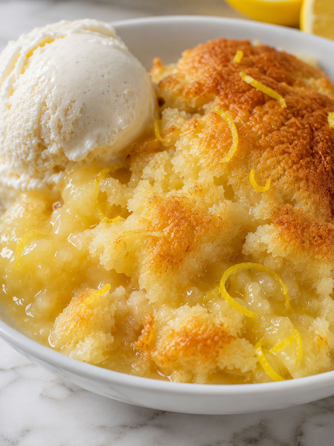 Easy and Delicious Magic Lemon Cobbler, plated and served