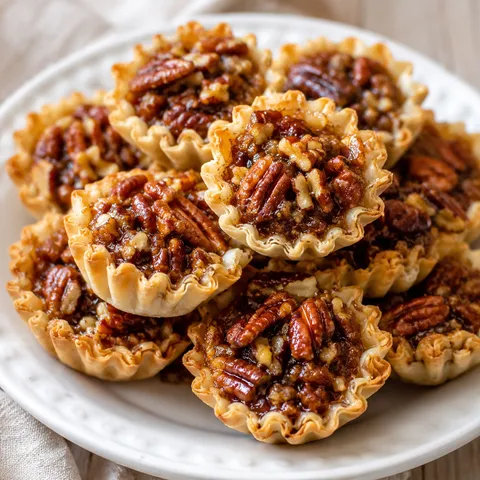 Mini pecan tarts with glossy filling and golden phyllo shells