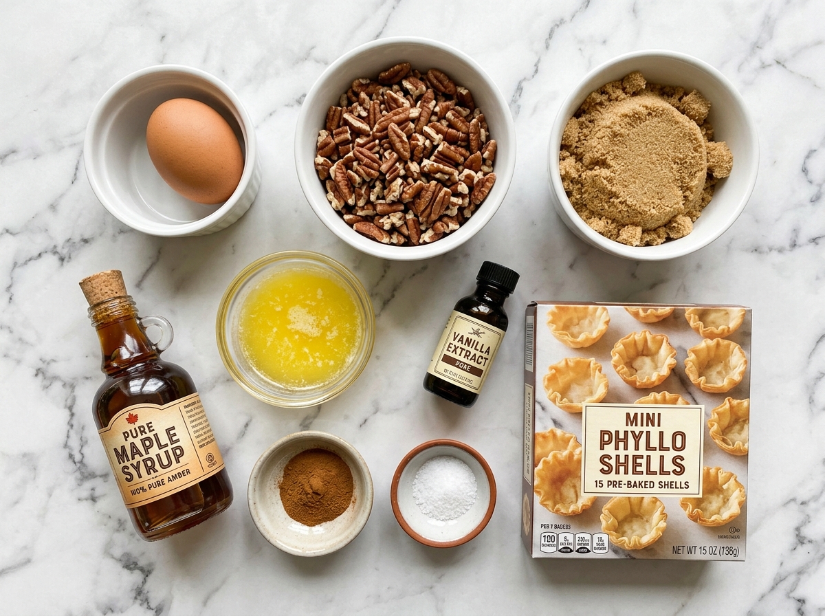 Ingredients for mini pecan tarts with phyllo shells, pecans, egg, and brown sugar