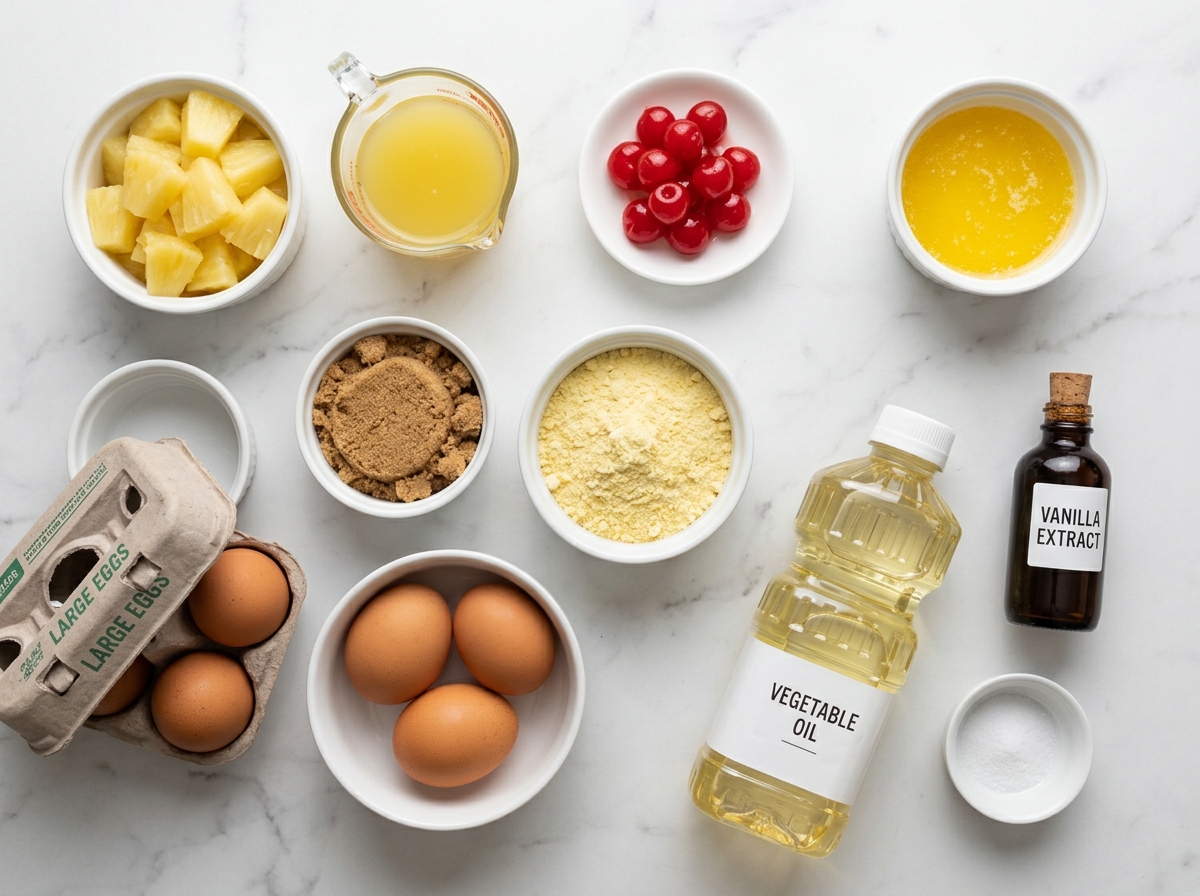Ingredients for pineapple upside-down cupcakes with pineapple, cherries, and cake mix