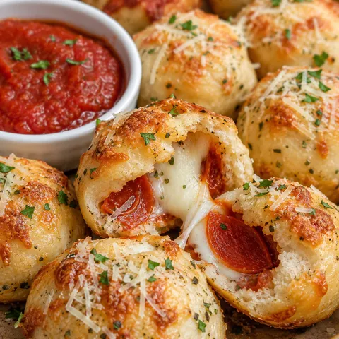 Golden pizza bombs with melted mozzarella, pepperoni, and marinara dip
