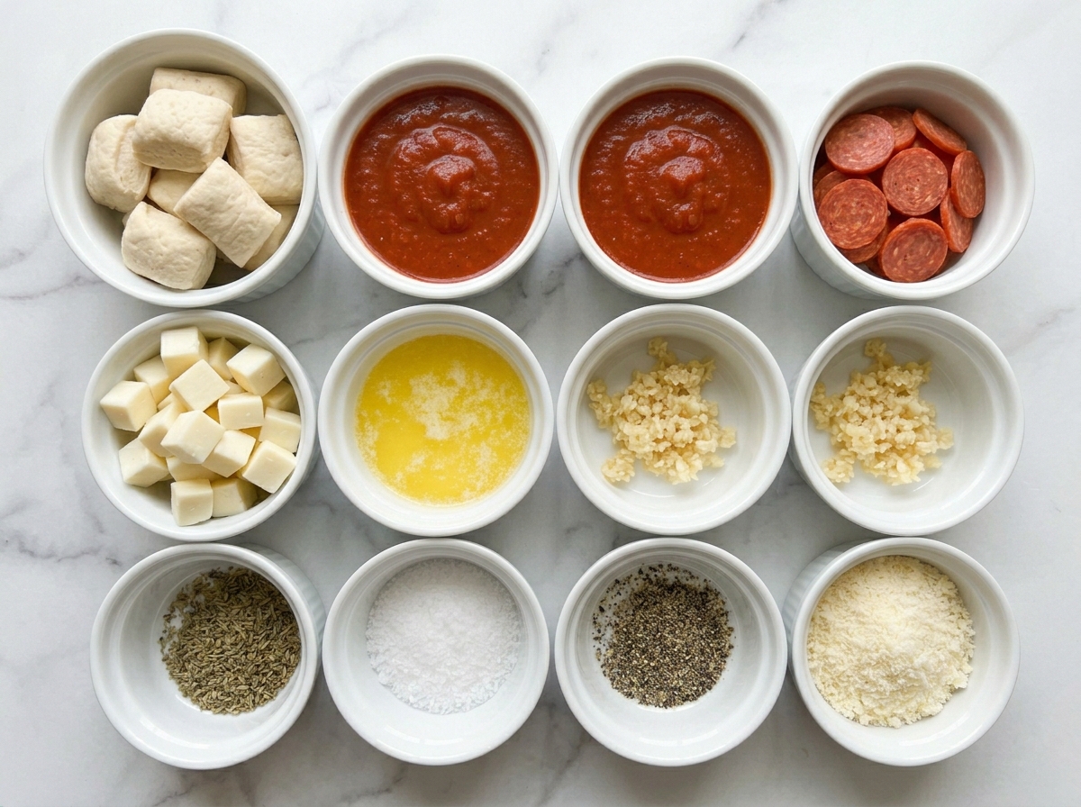 Ingredients for pizza bombs with biscuit dough, pepperoni, mozzarella, and sauce
