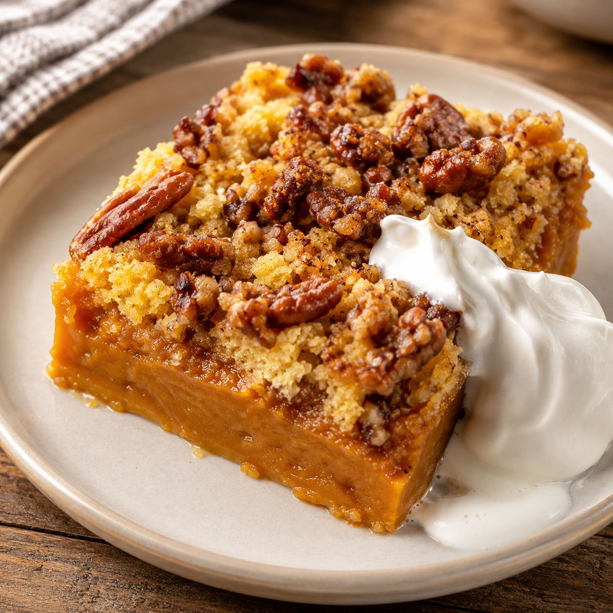 Pumpkin crunch cake square with pecan topping and whipped cream