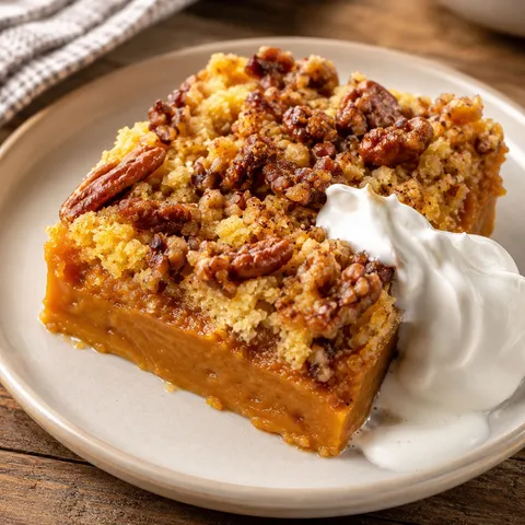Pumpkin crunch cake square with pecan topping and whipped cream
