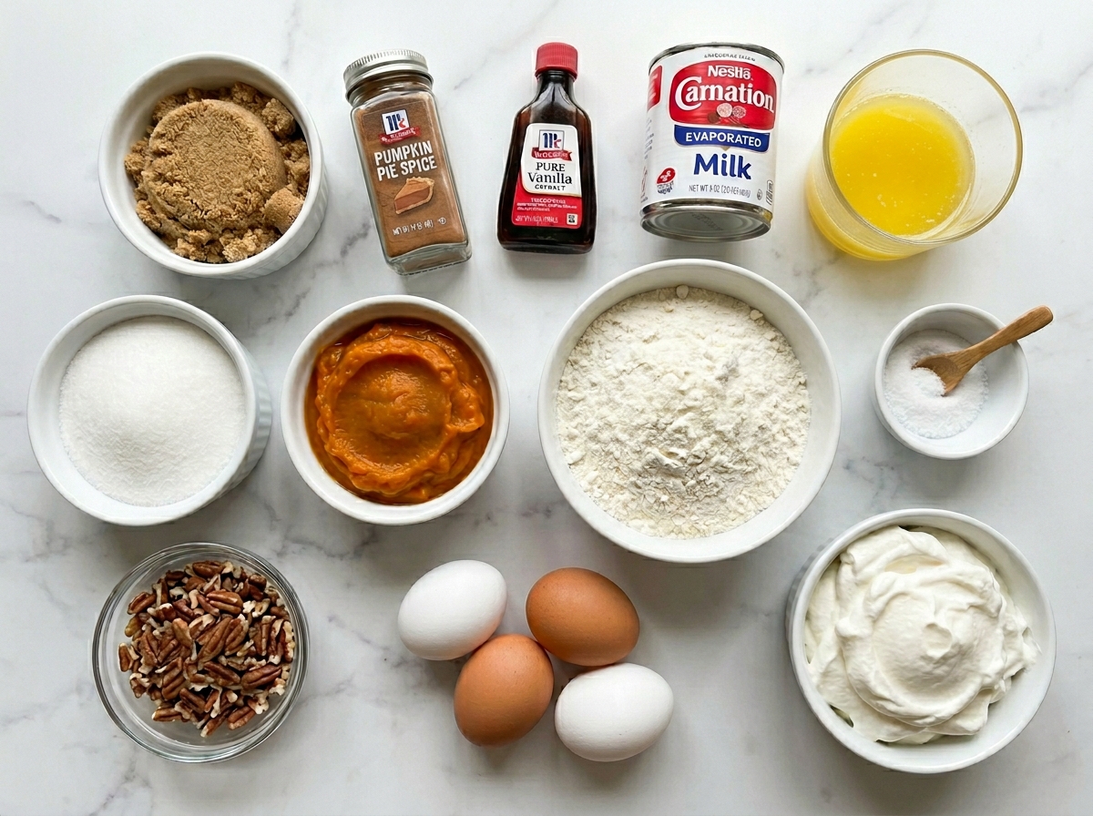 Pumpkin crunch cake ingredients with pumpkin puree, pecans, cake mix, and butter