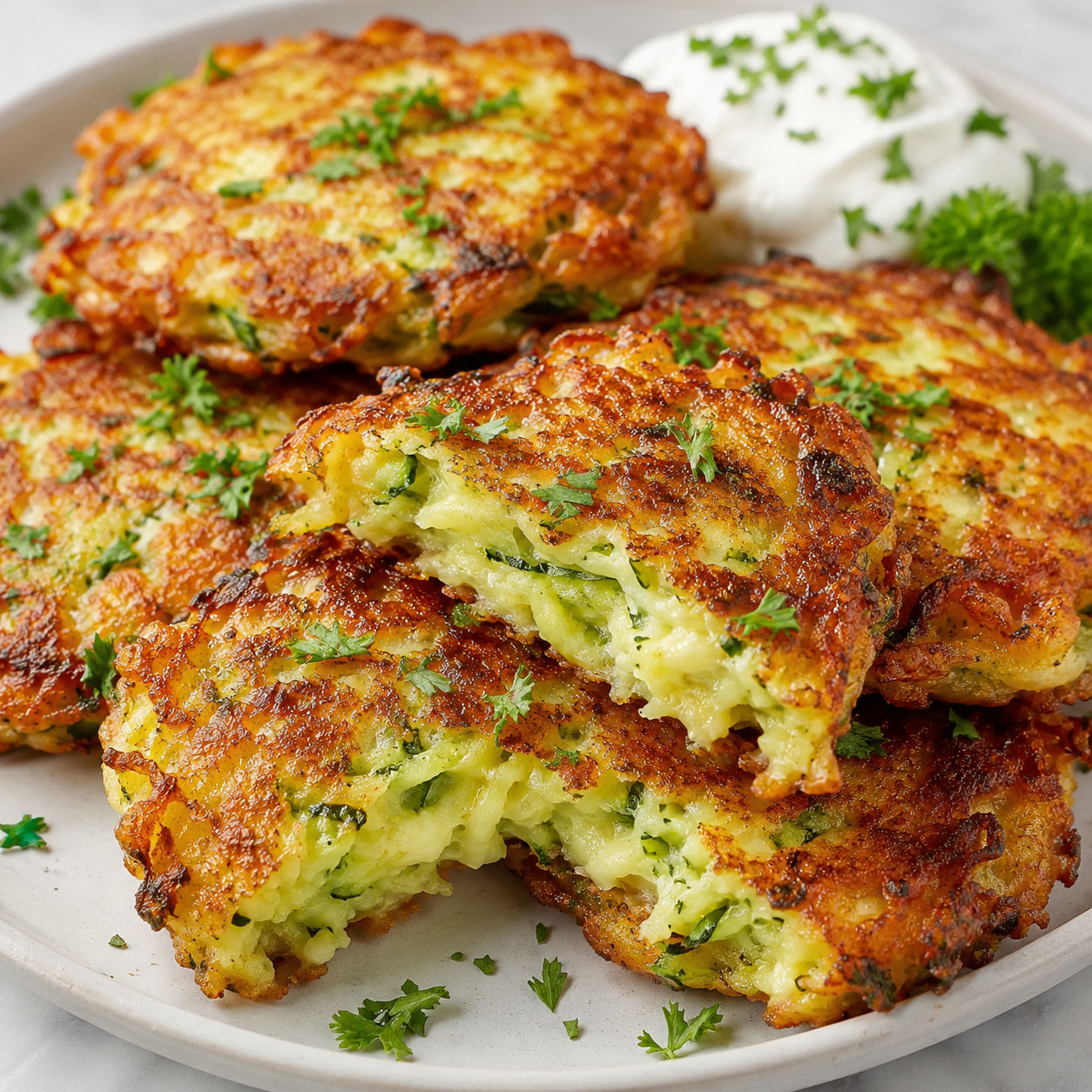 Golden fried zucchini patties stacked on a white plate with parsley and sour cream