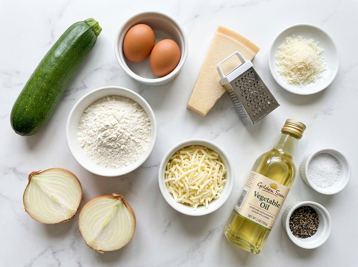 Raw ingredients for zucchini patties including zucchini, eggs, cheese, and flour