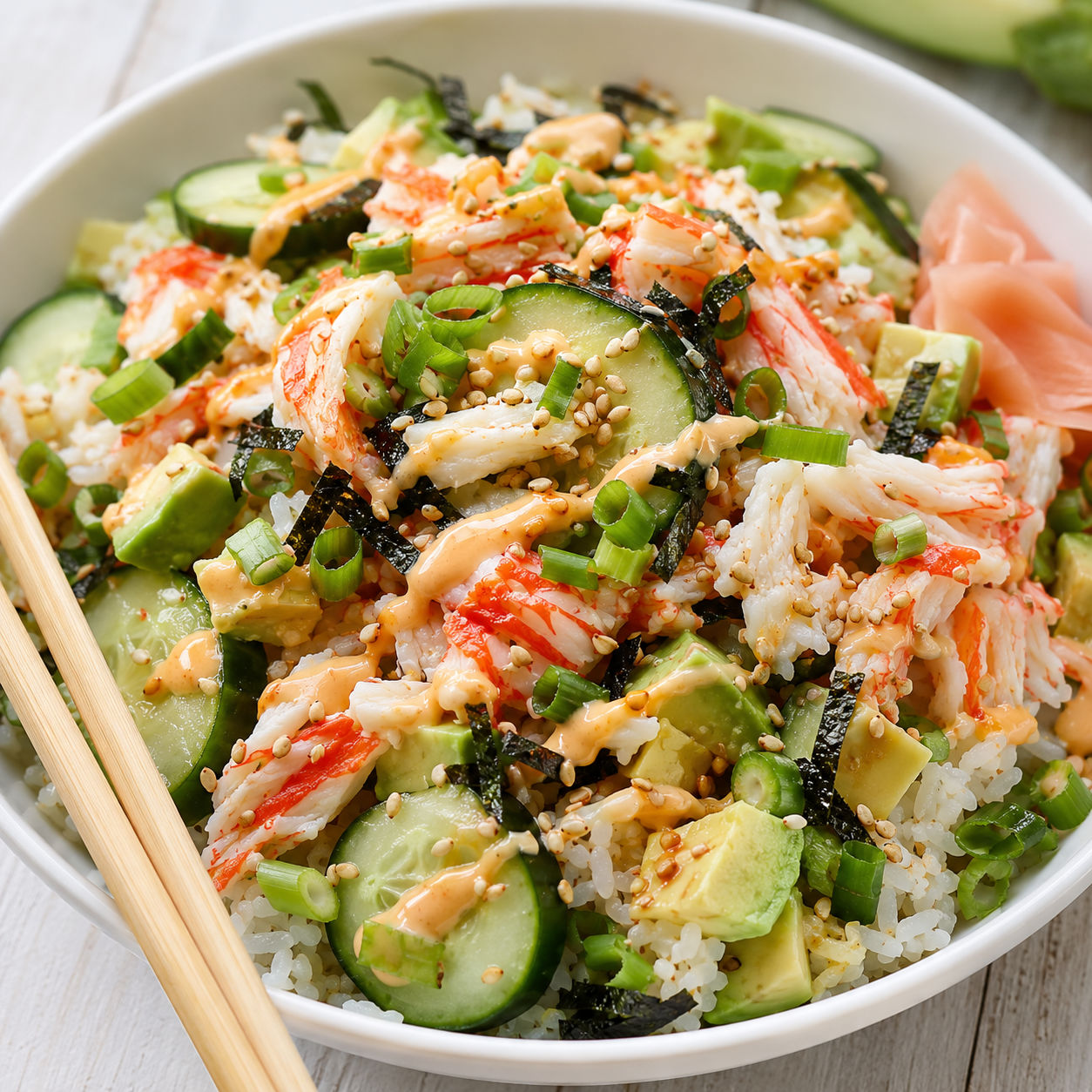 California roll salad with crab, cucumber, avocado, nori, and sesame
