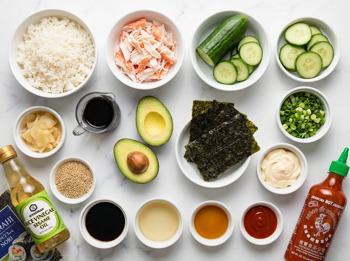 Ingredients for California roll salad with rice, crab, cucumber, avocado, and nori