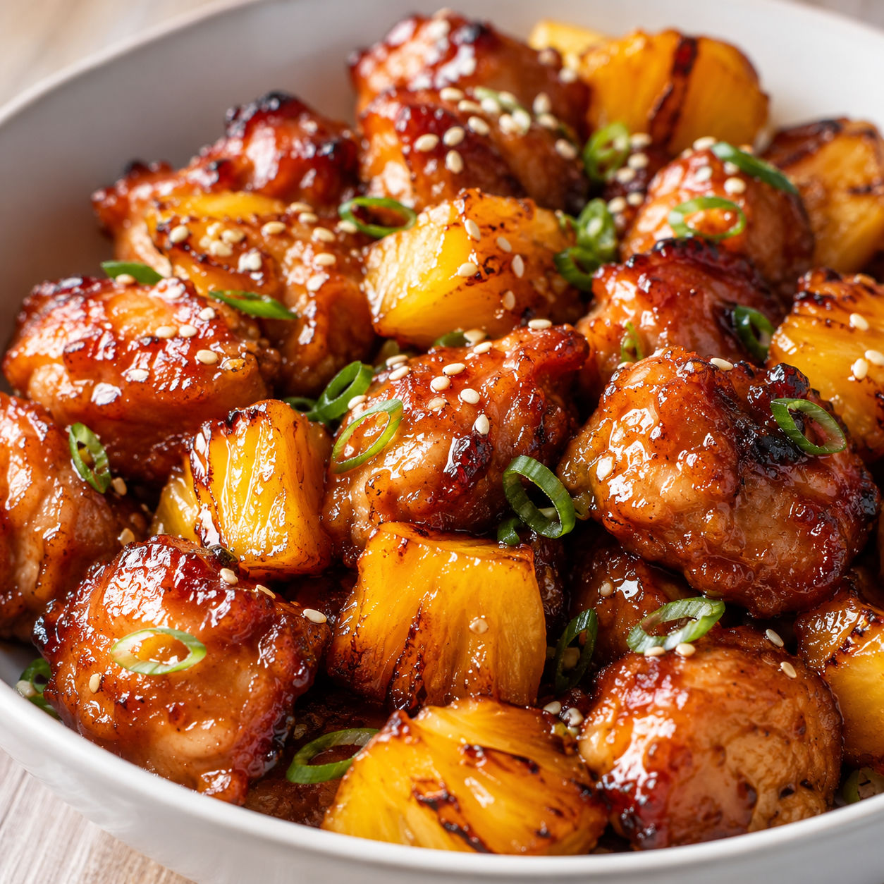 Air fryer pineapple chicken with BBQ glaze and sesame seeds in a white bowl