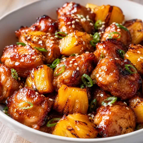 Air fryer pineapple chicken with BBQ glaze and sesame seeds in a white bowl