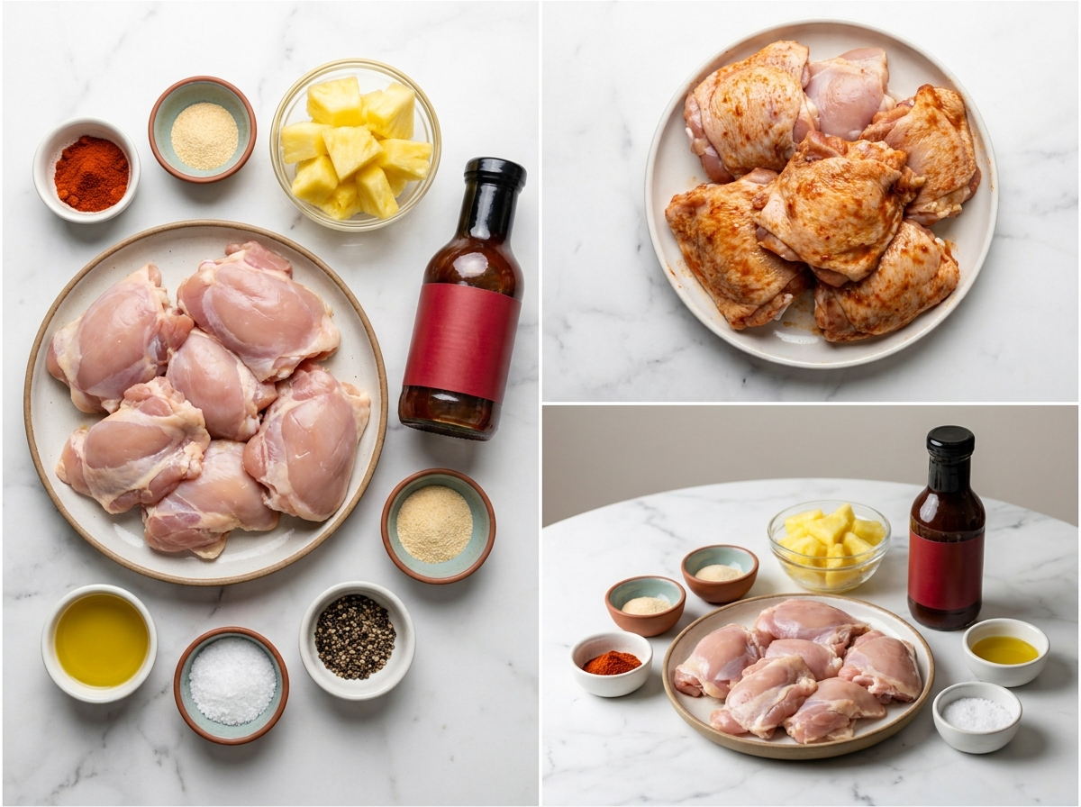 Raw chicken thighs, pineapple chunks, BBQ sauce, and spices on a wooden board