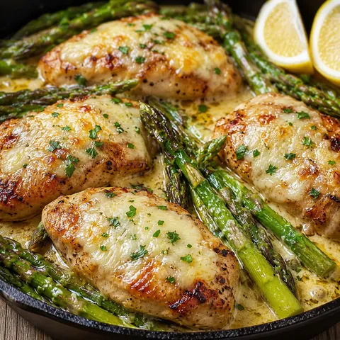 Chicken asparagus bake with Parmesan, Caesar sauce, and lemon wedges