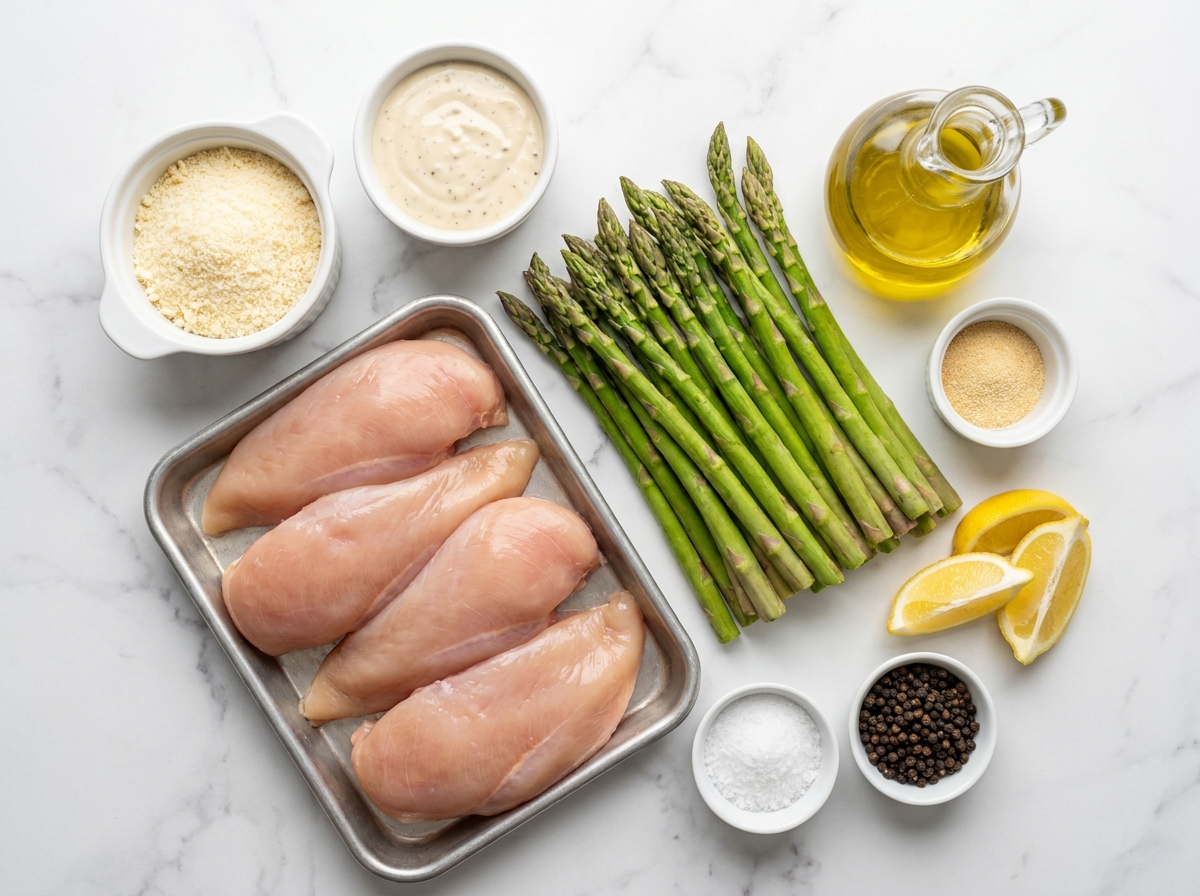 Raw chicken, asparagus, Caesar dressing, Parmesan, and lemon