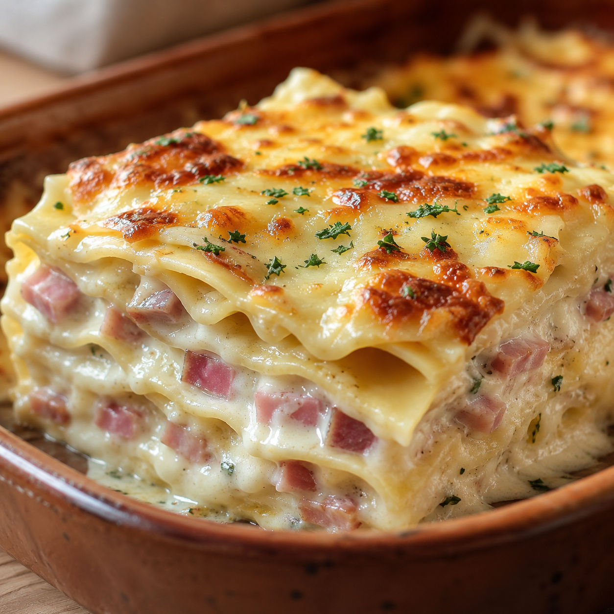 Creamy ham cheese lasagna with golden melted cheese and visible pasta layers