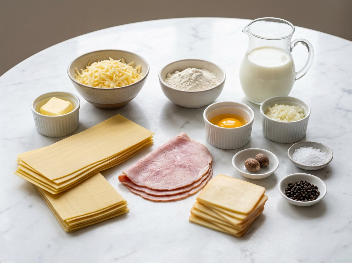 Ingredients for ham cheese lasagna with pasta, ham, cheese, milk, butter, and flour