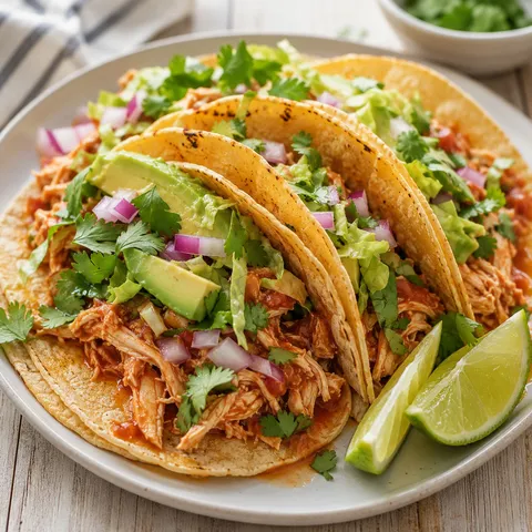 Slow cooker chicken tacos with avocado, cilantro, red onion, and lime