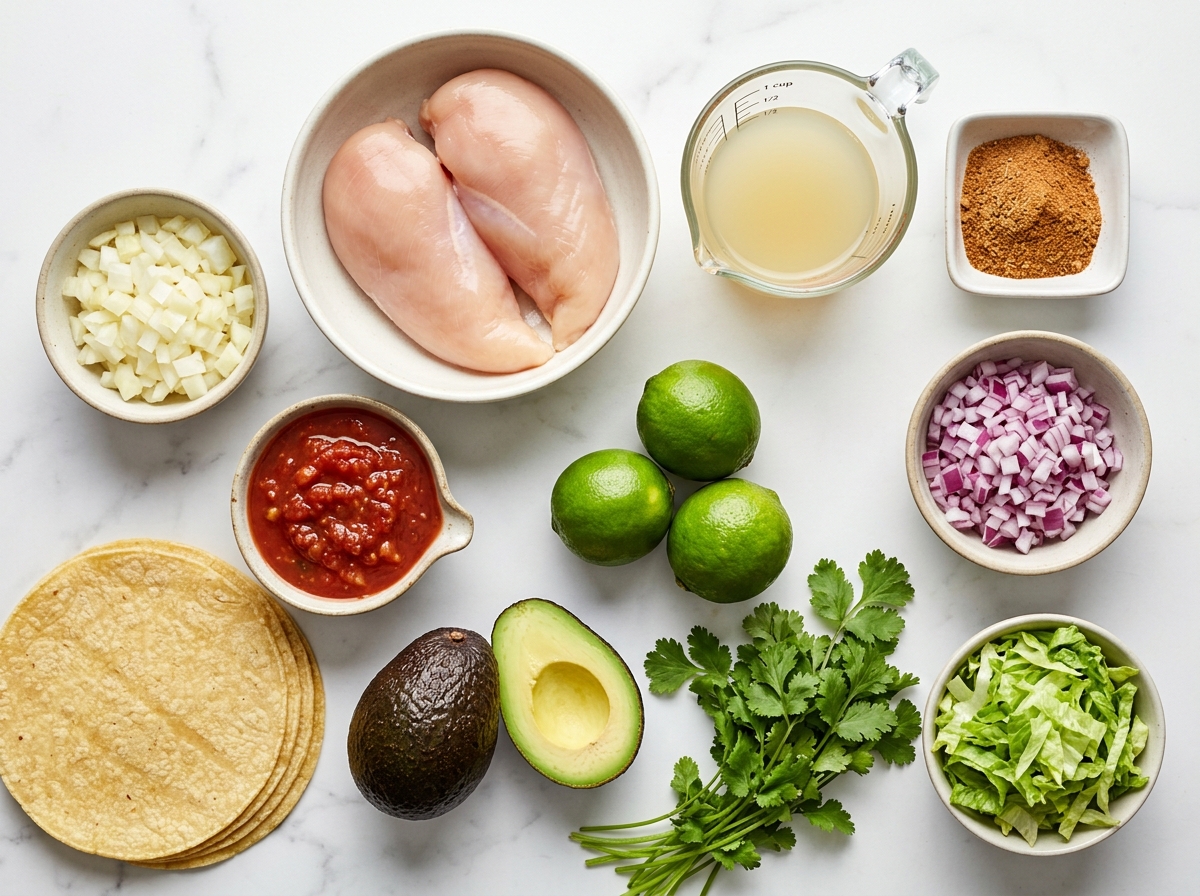 Ingredients for slow cooker chicken tacos with salsa, tortillas, avocado, and lime