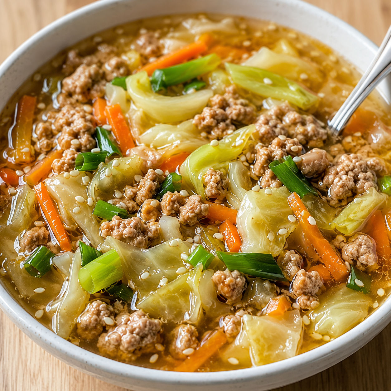 Egg roll soup with cabbage, ground pork, carrots, scallions, and sesame seeds