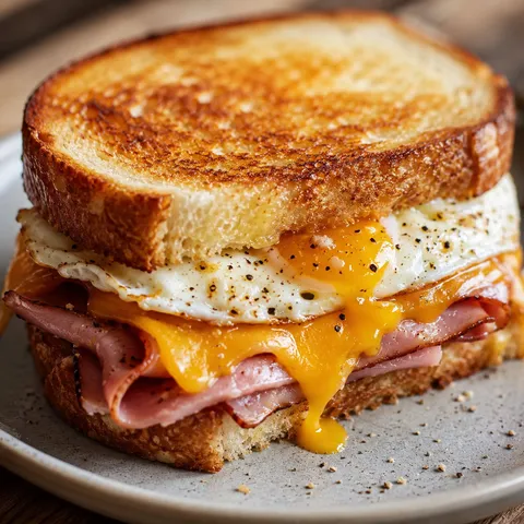 Egg and ham breakfast sandwich with melted cheddar on butter-toasted bread